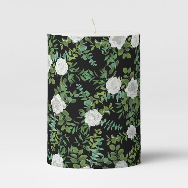 Black and White Rose Floral Wedding Pillar Candle (Front)