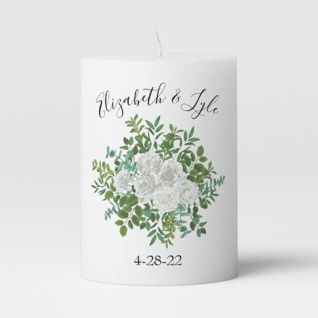 Black and White Rose Floral Wedding Pillar Candle (Front)