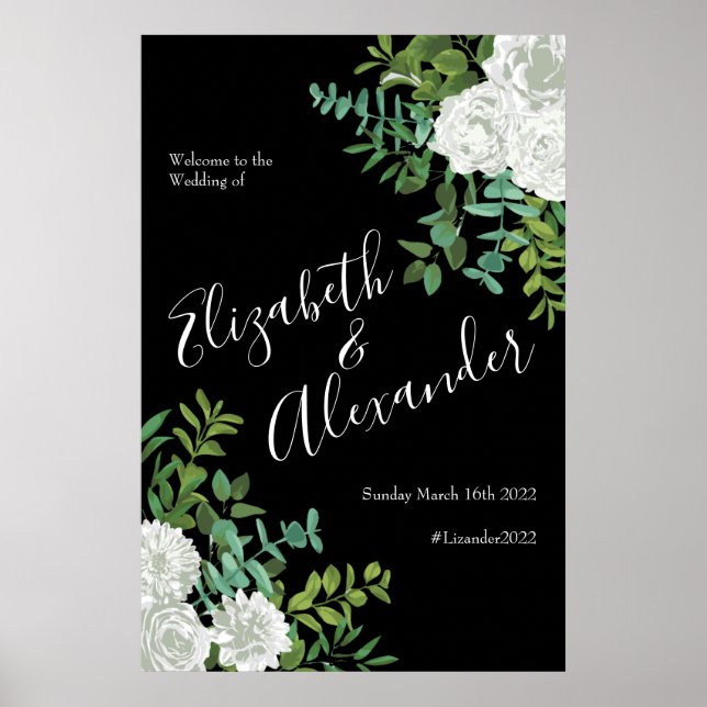 Black and White Rose Floral Wedding Poster (Front)