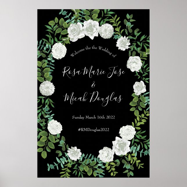 Black and White Rose Floral Wedding Poster (Front)