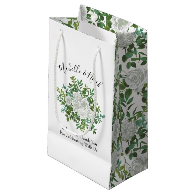 Black and White Rose Floral Wedding Small Gift Bag (Front Angled)