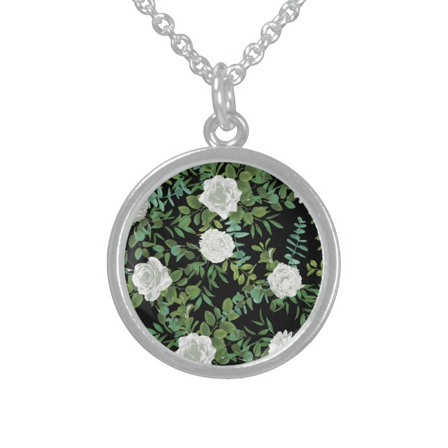 Black and White Rose Floral Wedding Sterling Silver Necklace (Front)