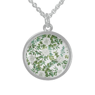 Black and White Rose Floral Wedding Sterling Silver Necklace