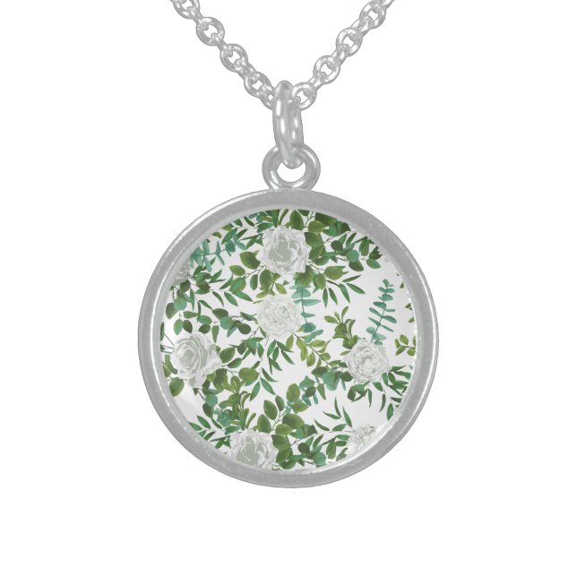 Black and White Rose Floral Wedding Sterling Silver Necklace (Front)