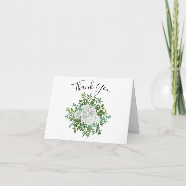 Black and White Rose Floral Wedding Thank You Card (Front)