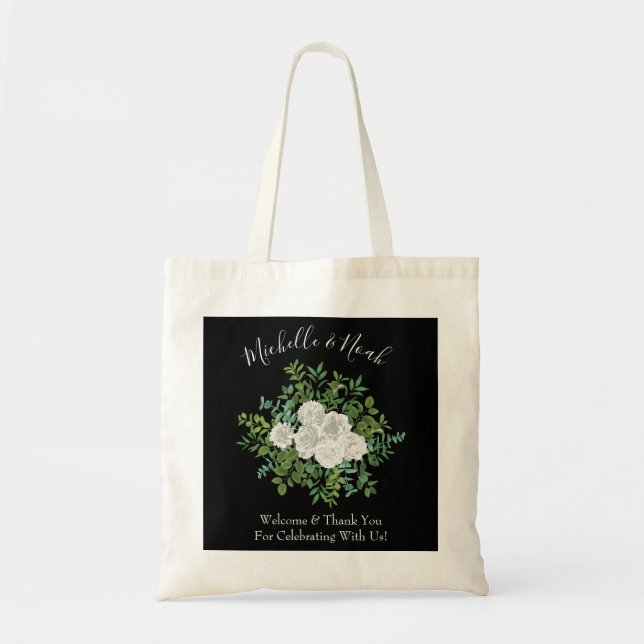 Black and White Rose Floral Wedding Tote Bag (Front)