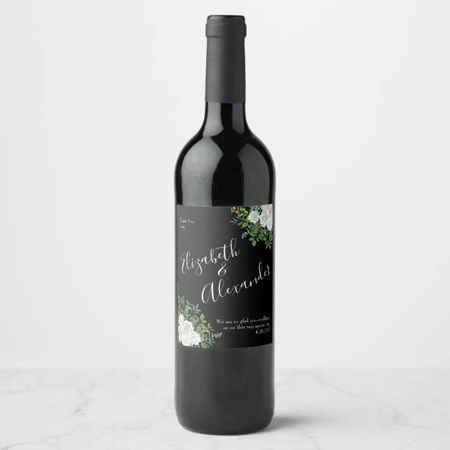 Black and White Rose Floral Wedding Wine Label (Front)