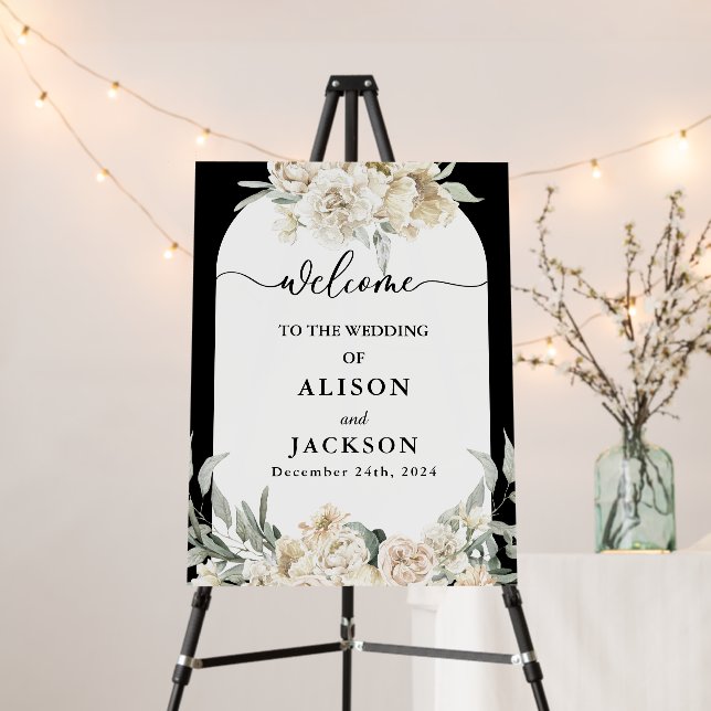 Black and white rose flowers wedding Welcome Sign (In Situ (Stand))