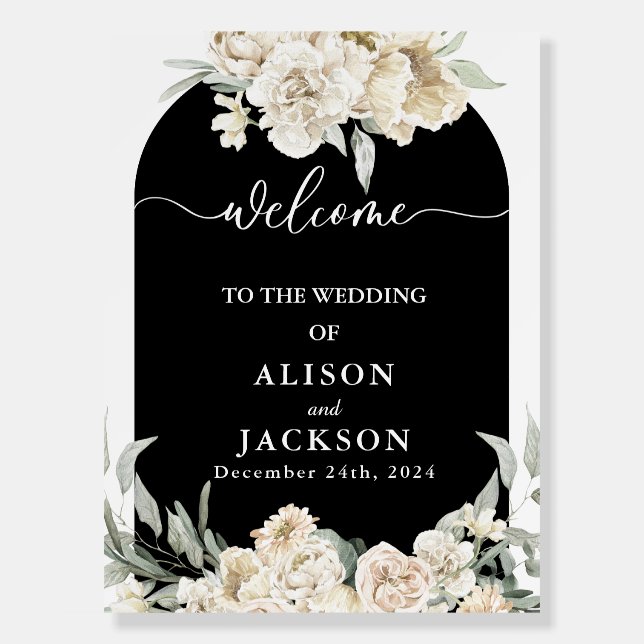 Black and white rose flowers wedding Welcome Sign (Front)