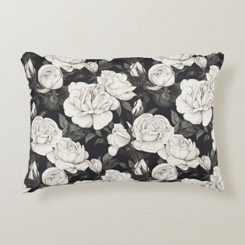 Black and White Rose Pattern Accent Pillow