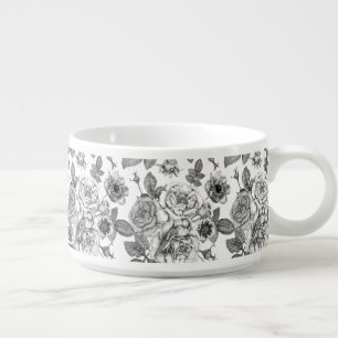 Black and White Rose Pattern Chili Bowl