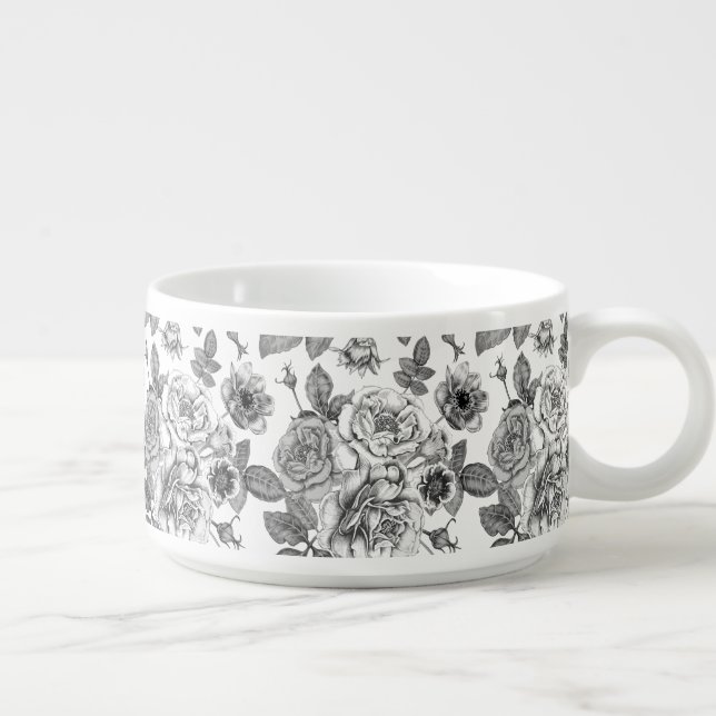 Black and White Rose Pattern Chili Bowl (Left)
