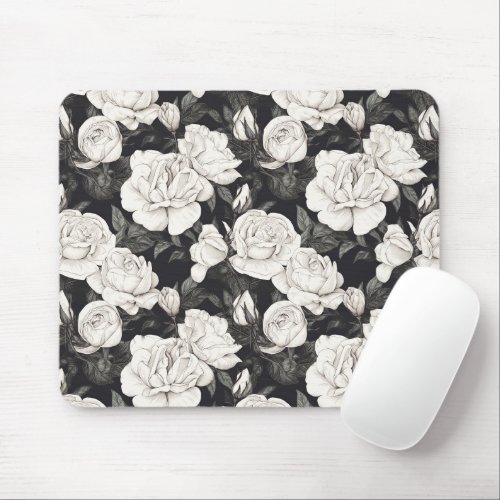 Black and White Rose Pattern Mouse Pad