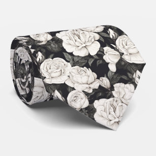 Black and White Rose Pattern Neck Tie