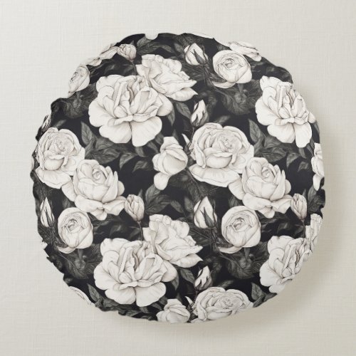 Black and White Rose Pattern Round Pillow