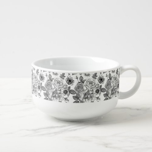 Black and White Rose Pattern Soup Mug