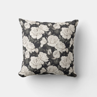 Black and White Rose Pattern Throw Pillow
