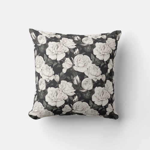 Black and White Rose Pattern Throw Pillow