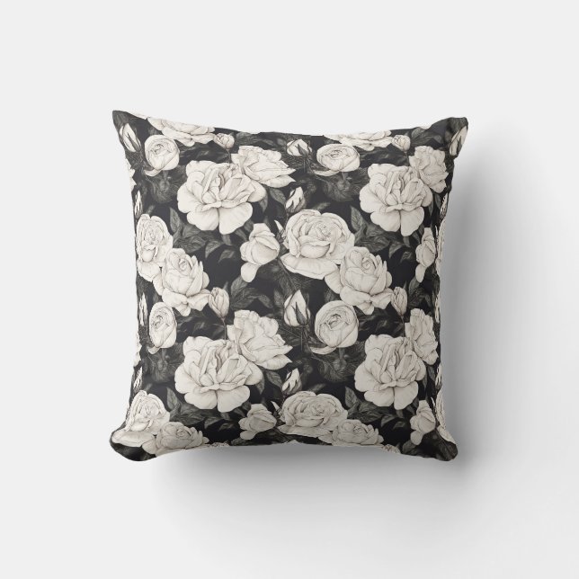 Black and White Rose Pattern Throw Pillow (Front)