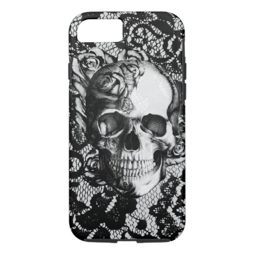 Black and white rose skull on lace background iPhone 87 case