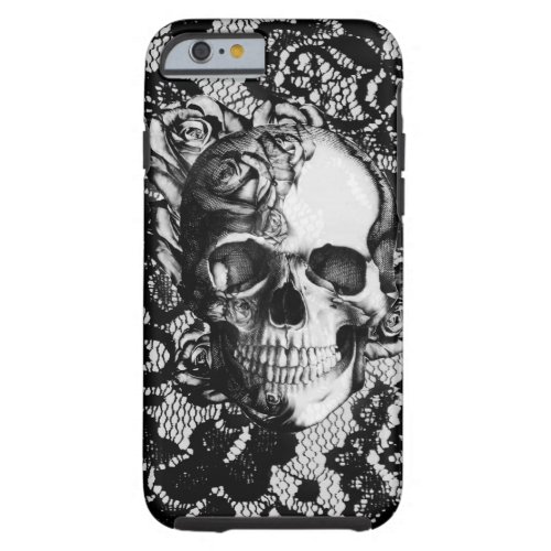 Black and white rose skull on lace background tough iPhone 6 case