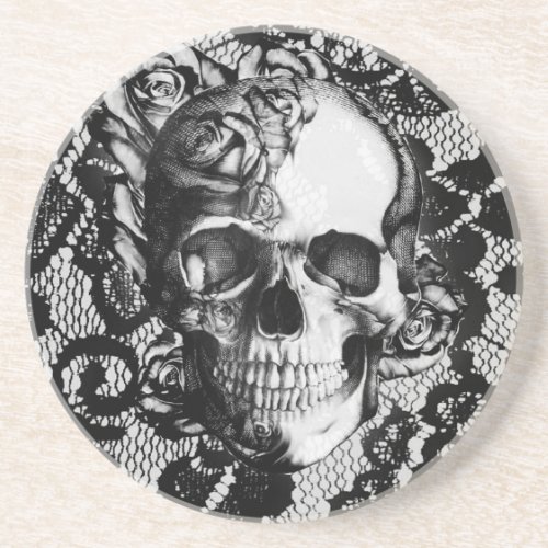 Black and white rose skull on lace background coaster