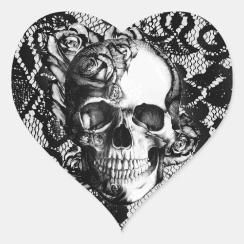 Black and white rose skull on lace background heart sticker