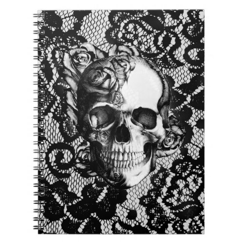 Black and white rose skull on lace background notebook