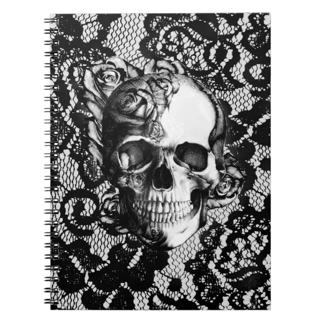 Black and white rose skull on lace background. notebook | Zazzle