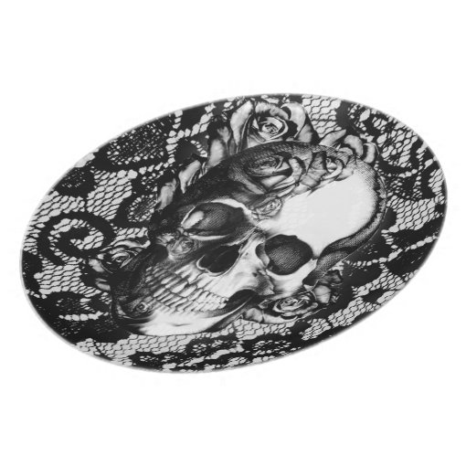 Black and white rose skull on lace background. plate | Zazzle