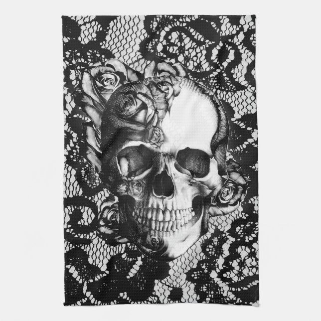Black and white rose skull on lace background. towel (Vertical)