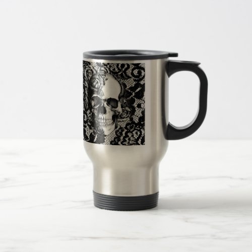 Black and white rose skull on lace background travel mug