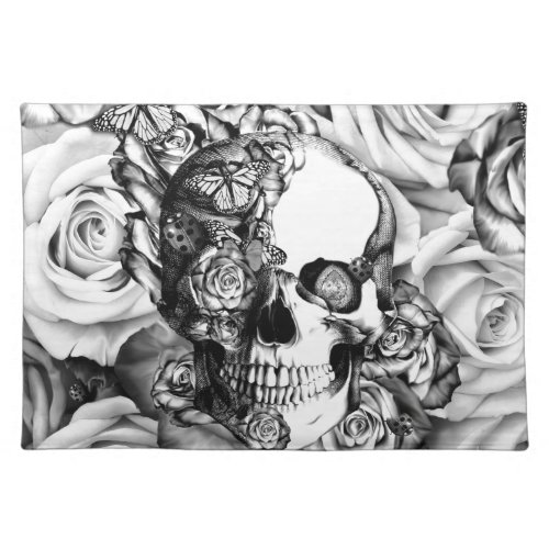 Black and white rose skull with butterflies cloth placemat