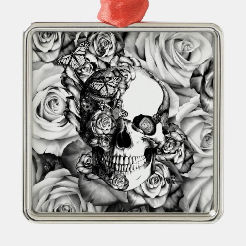 Black and white rose skull with butterflies metal ornament