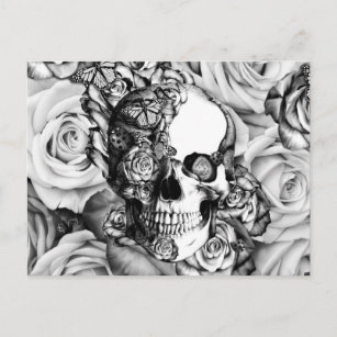 Black and white rose skull with butterflies postcard