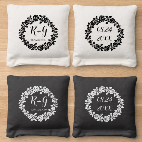 Black and white rose wreath and initials wedding cornhole bags
