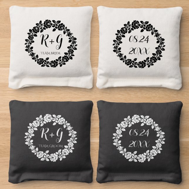 Black and white rose wreath and initials wedding cornhole bags (Wood)