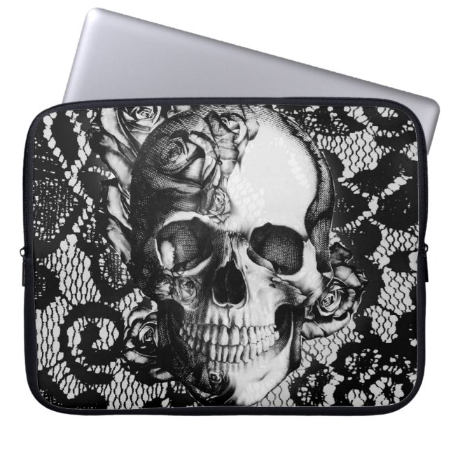 Black and white roses and lace skull laptop sleeve (Front)