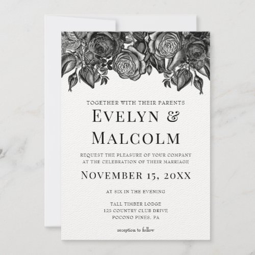 Black and White Roses Antique Engraving Wedding Invitation