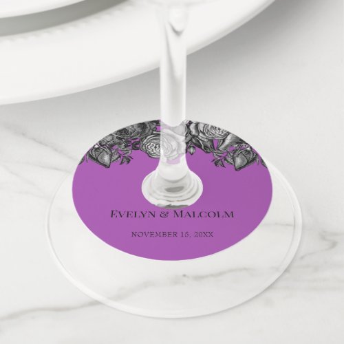 Black and White Roses Bright Purple Wedding Wine Glass Tag