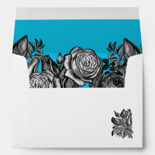 Black and White Roses Electric Blue Wedding Envelope
