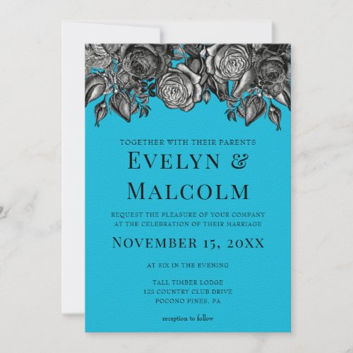 Black and White Roses Electric Blue Wedding Invitation