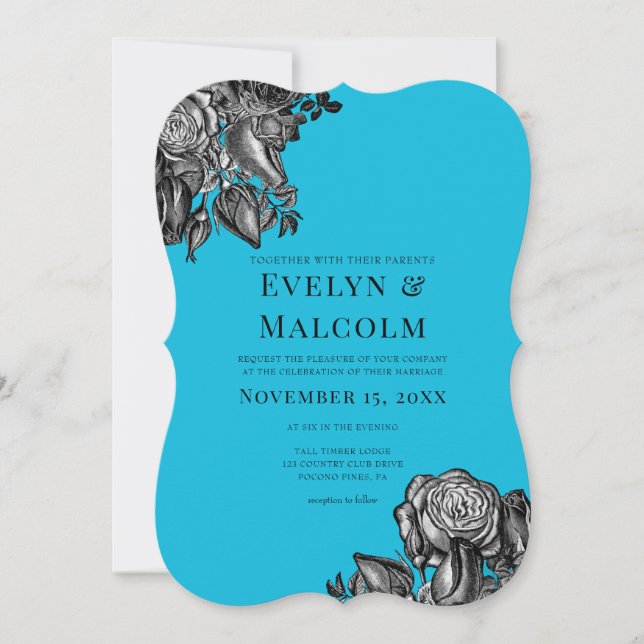 Black and White Roses Electric Blue Wedding Invitation (Front)
