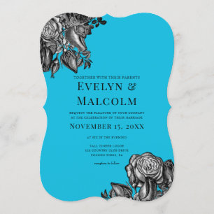 Black and White Roses Electric Blue Wedding Invitation