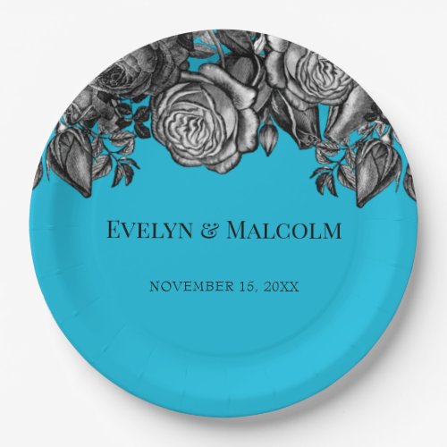 Black and White Roses Electric Blue Wedding Paper Plates