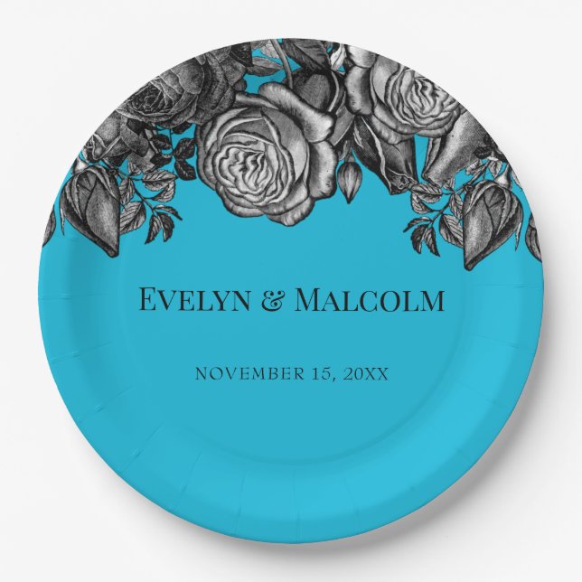 Black and White Roses Electric Blue Wedding Paper Plates (Front)