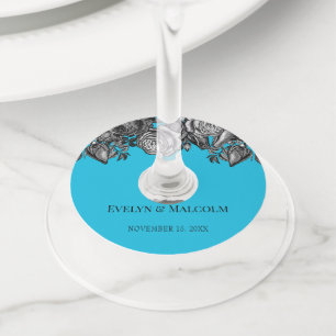 Black and White Roses Electric Blue Wedding Wine Glass Tag