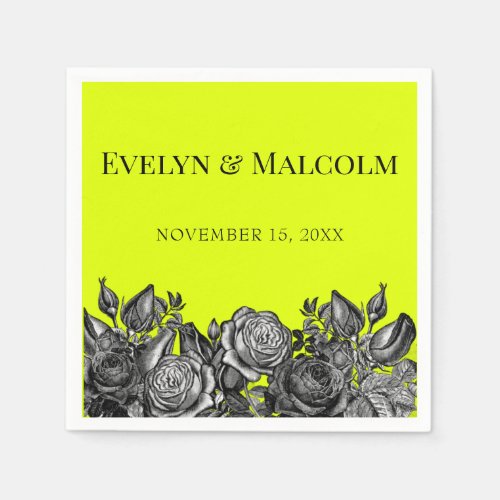 Black and White Roses Electric Lime Green Wedding Napkins