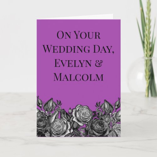 Black and White Roses Electric Purple Wedding Card