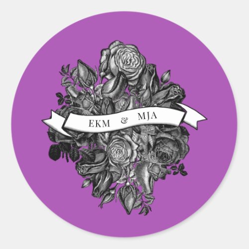 Black and White Roses Electric Purple Wedding Classic Round Sticker